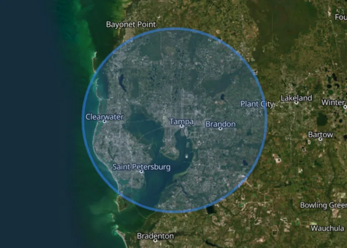 Map showing Tampa, Florida, and nearby service areas